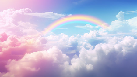 Generative AI, white fantastic clouds, sky and landscape with colorful rainbow. Gentle colors and with bright lights.の素材