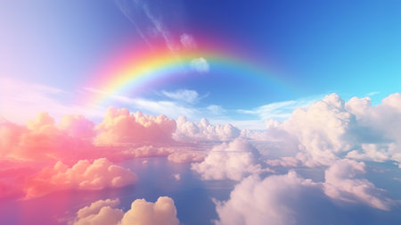 Generative AI, white fantastic clouds, sky and landscape with colorful rainbow. Gentle colors and with bright lights.の素材