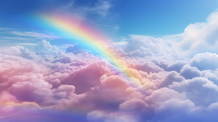 Generative AI, white fantastic clouds, sky and landscape with colorful rainbow. Gentle colors and with bright lights.の素材