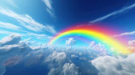 Generative AI, white fantastic clouds, sky and landscape with colorful rainbow. Gentle colors and with bright lights.の素材