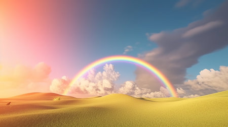 Generative AI, white fantastic clouds, sky and landscape with colorful rainbow. Gentle colors and with bright lights.の素材