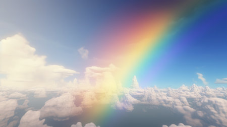 Generative AI, white fantastic clouds, sky and landscape with colorful rainbow. Gentle colors and with bright lights.の素材