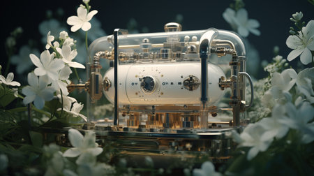 Generative AI, Essential oil extraction with distillery machine with jasmine white flowersの素材