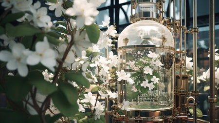 Generative AI, Essential oil extraction with distillery machine with jasmine white flowersの素材