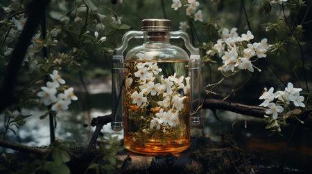 Generative AI, Essential oil extraction with distillery machine with jasmine white flowersの素材