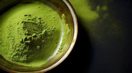 Generative AI, Green matcha tea powder and drink, muted neutral colors. Traditional Japanese teaの素材