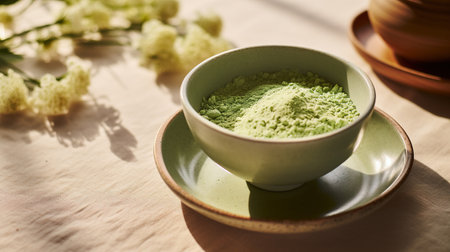 Generative AI, Green matcha tea powder and drink, muted neutral colors. Traditional Japanese teaの素材