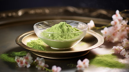 Generative AI, Green matcha tea powder and drink, muted neutral colors. Traditional Japanese teaの素材