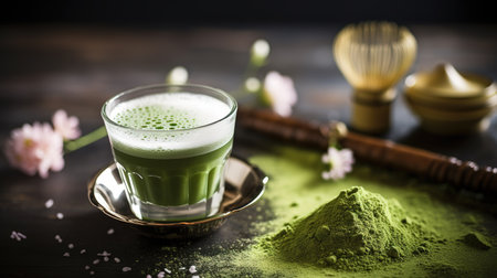 Generative AI, Green matcha tea powder and drink, muted neutral colors. Traditional Japanese teaの素材