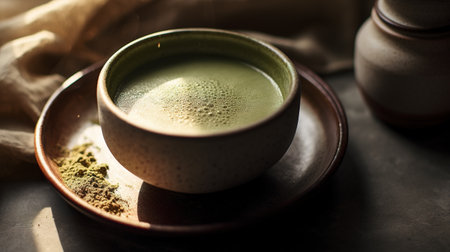 Generative AI, Green matcha tea powder and drink, muted neutral colors. Traditional Japanese teaの素材
