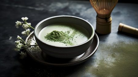 Generative AI, Green matcha tea powder and drink, muted neutral colors. Traditional Japanese teaの素材