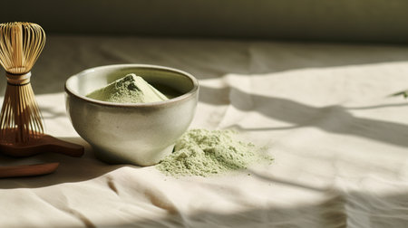 Generative AI, Green matcha tea powder and drink, muted neutral colors. Traditional Japanese teaの素材