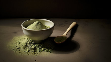 Generative AI, Green matcha tea powder and drink, muted neutral colors. Traditional Japanese teaの素材
