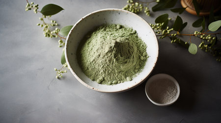 Generative AI, Green matcha tea powder and drink, muted neutral colors. Traditional Japanese teaの素材