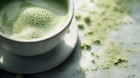 Generative AI, Green matcha tea powder and drink, muted neutral colors. Traditional Japanese teaの素材