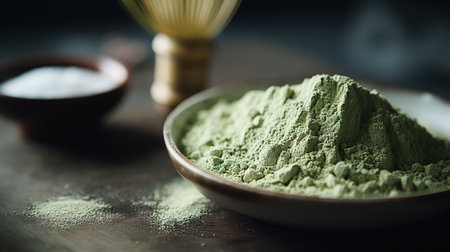Generative AI, Green matcha tea powder and drink, muted neutral colors. Traditional Japanese teaの素材