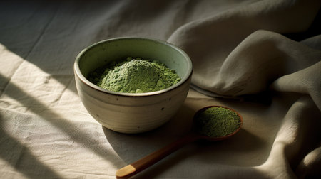 Generative AI, Green matcha tea powder and drink, muted neutral colors. Traditional Japanese teaの素材