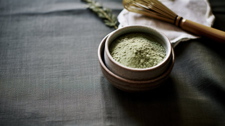 Generative AI, Green matcha tea powder and drink, muted neutral colors. Traditional Japanese teaの素材