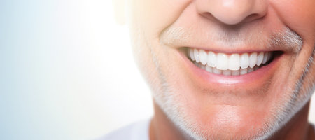 Generative AI, senior man mouth or teeth smiling, hygiene or dental cleaning cosmetic serviceの素材