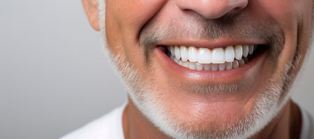 Generative AI, senior man mouth or teeth smiling, hygiene or dental cleaning cosmetic serviceの素材