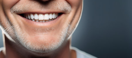 Generative AI, senior man mouth or teeth smiling, hygiene or dental cleaning cosmetic serviceの素材