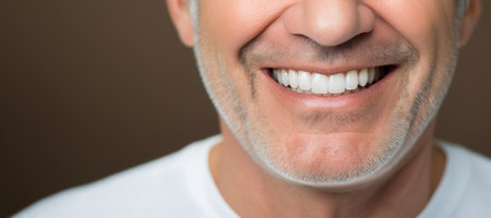 Generative AI, senior man mouth or teeth smiling, hygiene or dental cleaning cosmetic serviceの素材