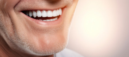 Generative AI, senior man mouth or teeth smiling, hygiene or dental cleaning cosmetic serviceの素材