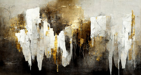 Generative AI, White, golden and black watercolor abstract painted background. Ink black street graffiti art on a textured paper vintage background, washes and brush strokes.の素材
