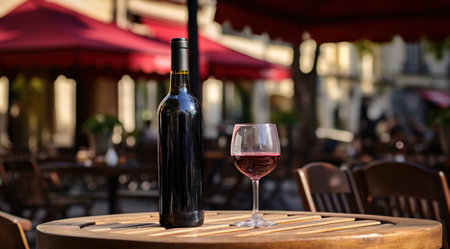 Generative AI, glass of wine and bottle on wooden table with blur background with lights of street bar, cafe, coffee shop or restaurant, wine mock upの素材