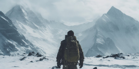 Generative AI, backpacker in winter landscape, traveler man tourist with backpack hiking in mountainsの素材