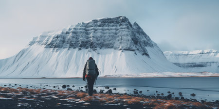 Generative AI, backpacker in winter landscape, traveler man tourist with backpack hiking in mountainsの素材