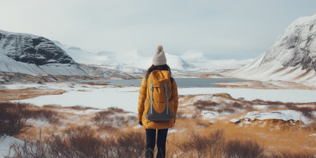 Generative AI, backpacker in winter landscape, traveler man tourist with backpack hiking in mountainsの素材