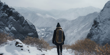 Generative AI, backpacker in winter landscape, traveler man tourist with backpack hiking in mountainsの素材