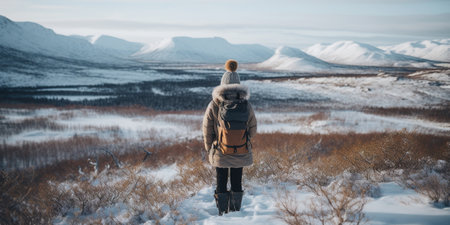 Generative AI, backpacker in winter landscape, traveler man tourist with backpack hiking in mountainsの素材