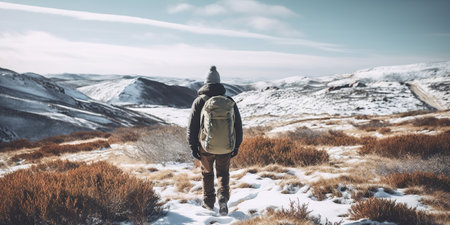 Generative AI, backpacker in winter landscape, traveler man tourist with backpack hiking in mountainsの素材