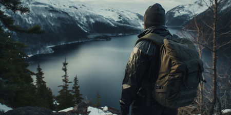 Generative AI, backpacker in winter landscape, traveler man tourist with backpack hiking in mountainsの素材