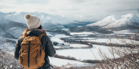 Generative AI, backpacker in winter landscape, traveler man tourist with backpack hiking in mountainsの素材