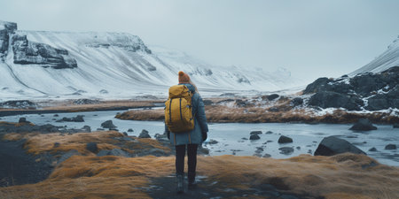 Generative AI, backpacker in winter landscape, traveler man tourist with backpack hiking in mountainsの素材