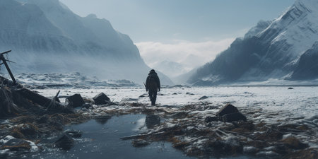 Generative AI, backpacker in winter landscape, traveler man tourist with backpack hiking in mountainsの素材