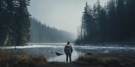 Generative AI, backpacker in winter landscape, traveler man tourist with backpack hiking in mountainsの素材