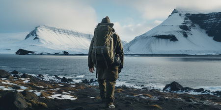 Generative AI, backpacker in winter landscape, traveler man tourist with backpack hiking in mountainsの素材