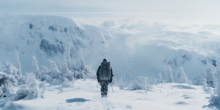 Generative AI, backpacker in winter landscape, traveler man tourist with backpack hiking in mountainsの素材