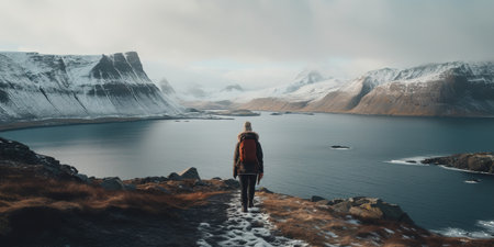 Generative AI, backpacker in winter landscape, traveler man tourist with backpack hiking in mountainsの素材