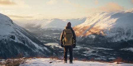 Generative AI, backpacker in winter landscape, traveler man tourist with backpack hiking in mountainsの素材