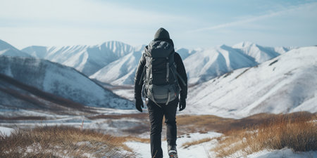 Generative AI, backpacker in winter landscape, traveler man tourist with backpack hiking in mountainsの素材
