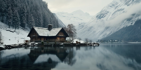 Generative AI, Winter aesthetic landscape with house panorama, muted neutral colors, forest and mountains..の素材