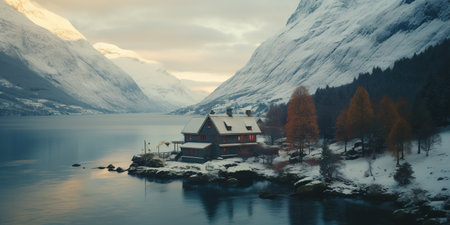 Generative AI, Winter aesthetic landscape with house panorama, muted neutral colors, forest and mountains..の素材