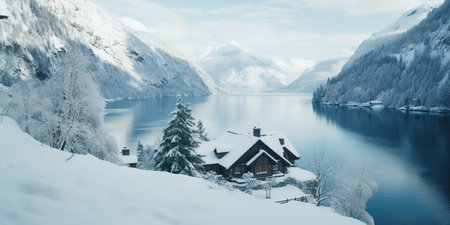 Generative AI, Winter aesthetic landscape with house panorama, muted neutral colors, forest and mountains..の素材