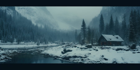 Generative AI, Winter aesthetic landscape with house panorama, muted neutral colors, forest and mountains..の素材