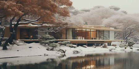 Generative AI, Winter aesthetic landscape with house panorama, muted neutral colors, forest and mountains..の素材
